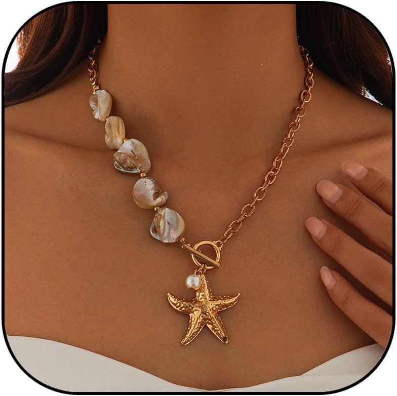 MIFYNN Gold Shell Starfish Necklace for Women Pearl Shell Necklace Layered Beaded Starfish Necklaces Summer Beach Surf Jewelry Gifts for Women - Image 1
